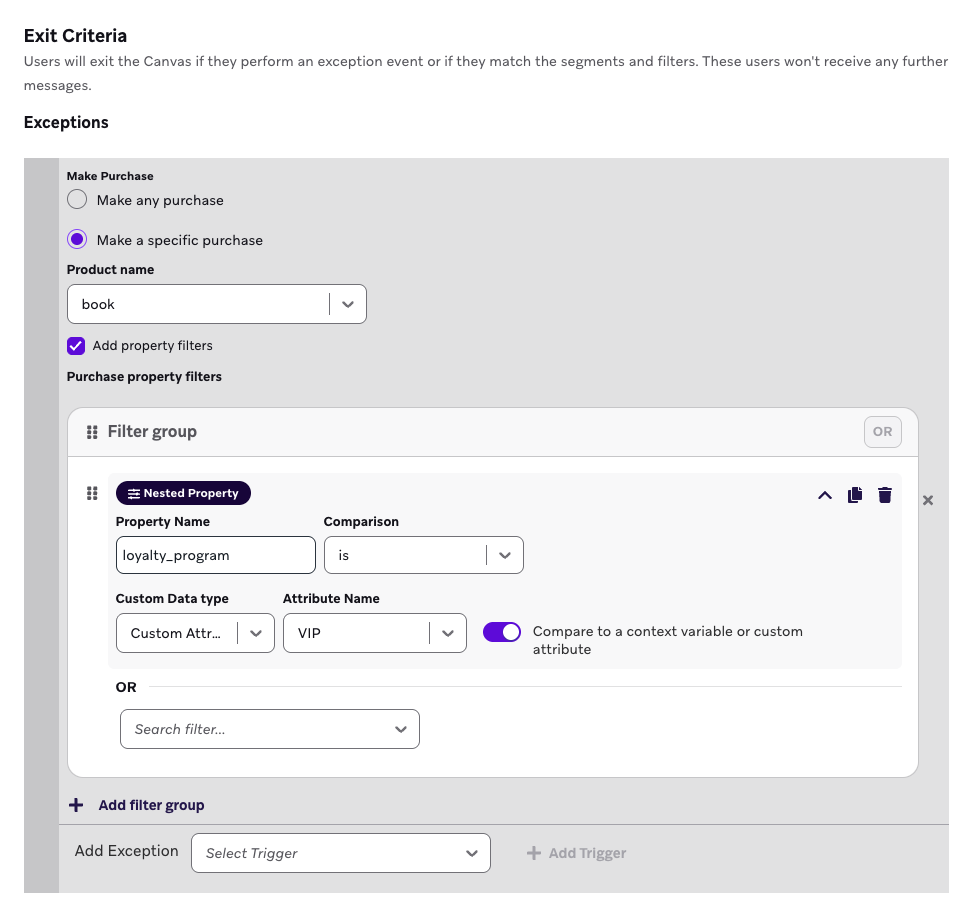ユーザーが購入した場合に終了するように設定された終了基準。