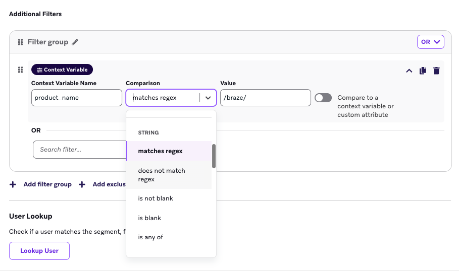 コンテキスト変数"product_name" 、正規表現"/braze/"にマッチするフィルターを設定する。