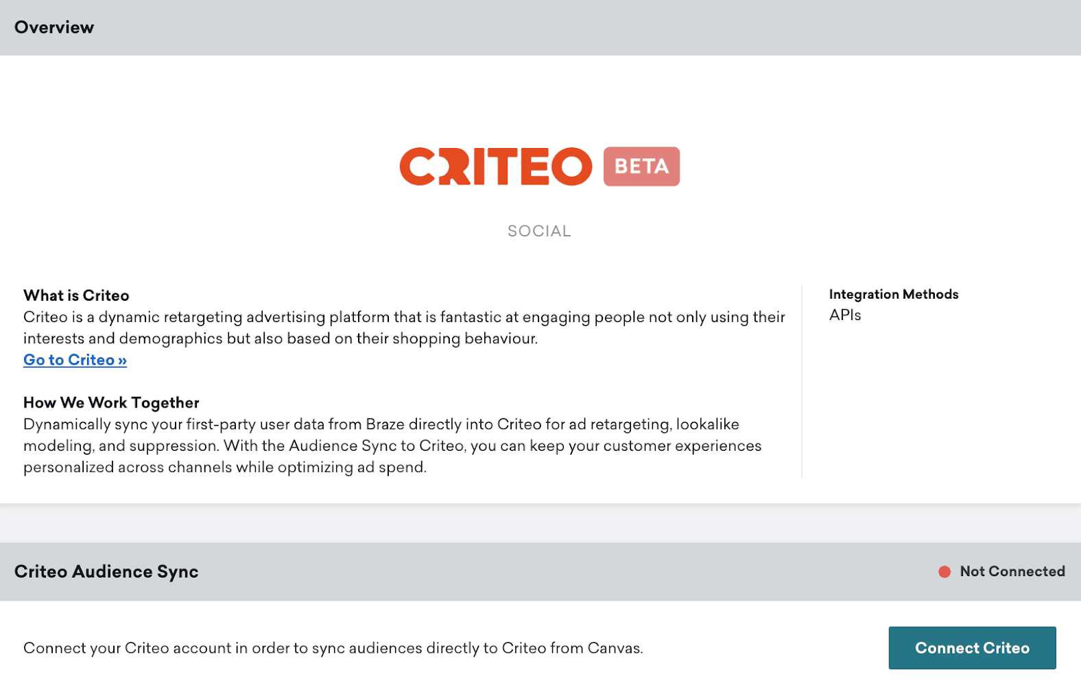 Braze の Criteo テクノロジーページ。[概要] セクション、[Criteo] セクション、[接続済みの Criteo] ボタンが表示されています。