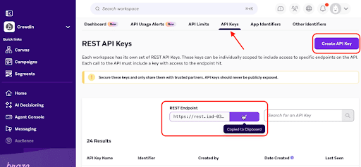 Braze REST API キーページ。API キーの作成と REST エンドポイントのコピーコントロールが表示されています。