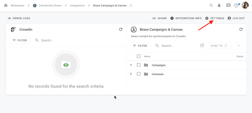 Braze Campaigns & Canvas 統合画面。上部のアクションバーに Settings が表示されています。