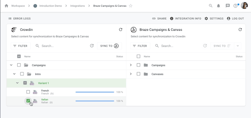 Crowdin と Braze Campaigns & Canvas パネル。キャンペーンとロケールのフォルダー、Sync to Braze、Sync to Crowdin が表示されています。