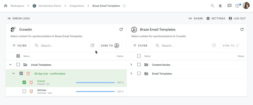 Crowdin と Braze Email Templates パネル。メールテンプレートとコンテンツブロックが一覧表示され、Sync to Braze と Sync to Crowdin が表示されています。