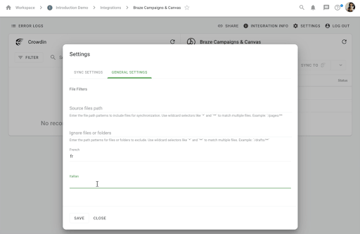 Settings モーダルの General Settings タブ。ファイルフィルターフィールドと言語マッピング行（例：French が fr にマッピング）が表示されています。