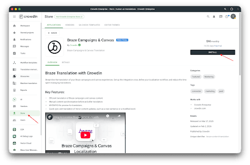Crowdin Store で Braze Campaigns & Canvas が選択され、Install がハイライトされている画面。