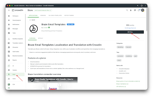 Crowdin Store で Braze Email Templates が選択され、Install がハイライトされている画面。