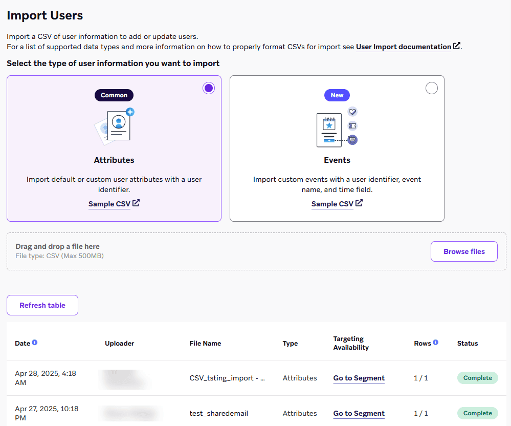 Braze ダッシュボードの [ユーザのインポート] ページ。