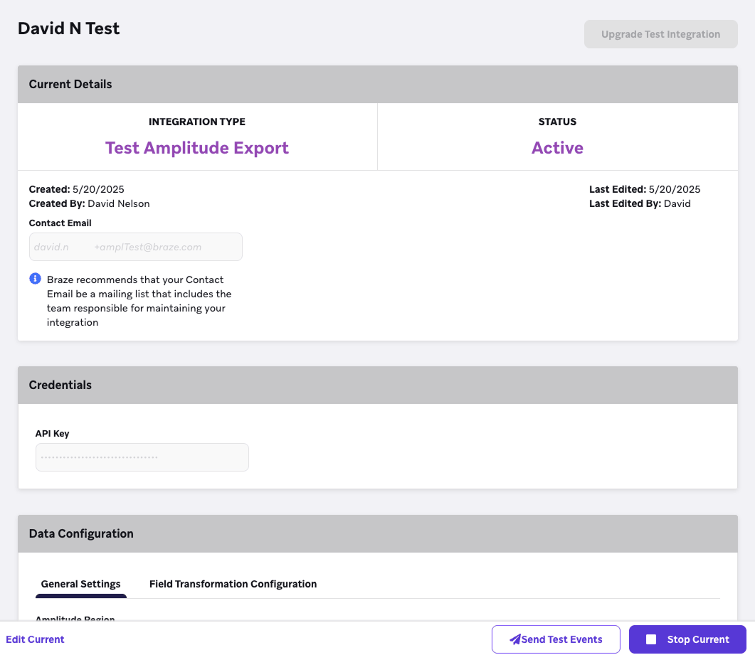 Braze ダッシュボードの" Currents Test" ページ。