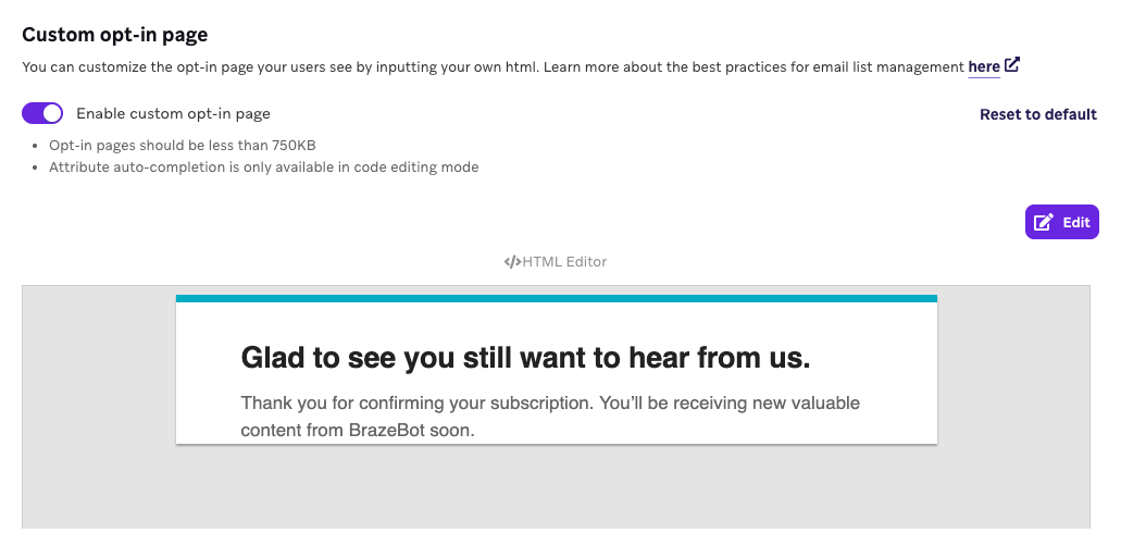 あなたがまだ私たちからの連絡を望んでいるのを見て嬉しい」というメッセージを添えたカスタムオプトインメール。