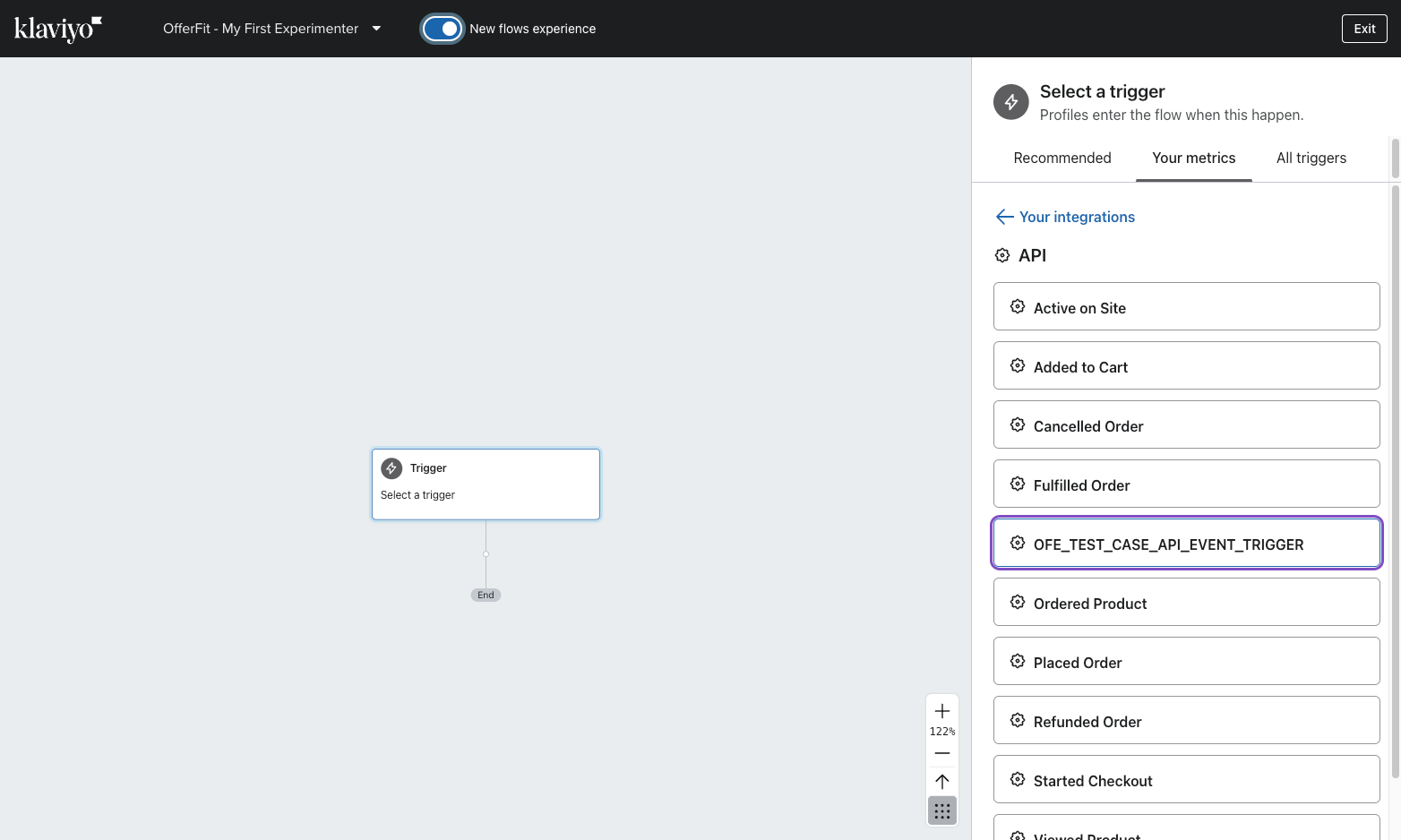 トリガー・イベント名にマッチするメトリクス名の例"OFE_TEST_CASE_API_EVENT_TRIGGER".