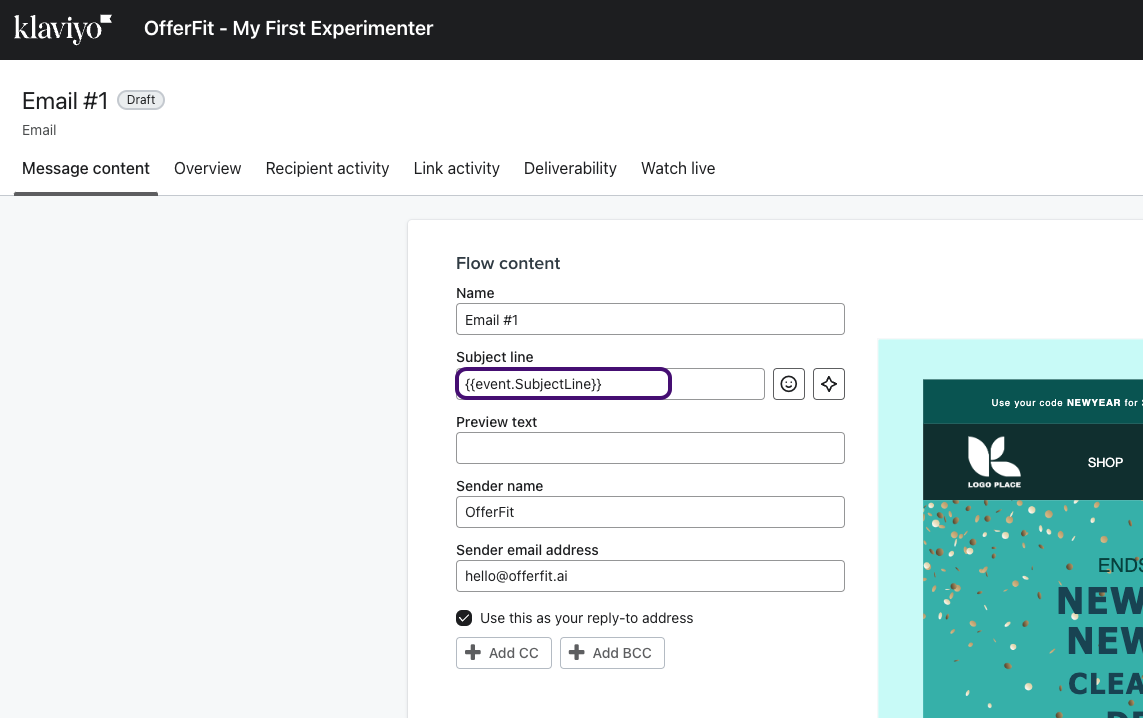 メール1」の件名、送信者名、送信者メールアドレスの例。