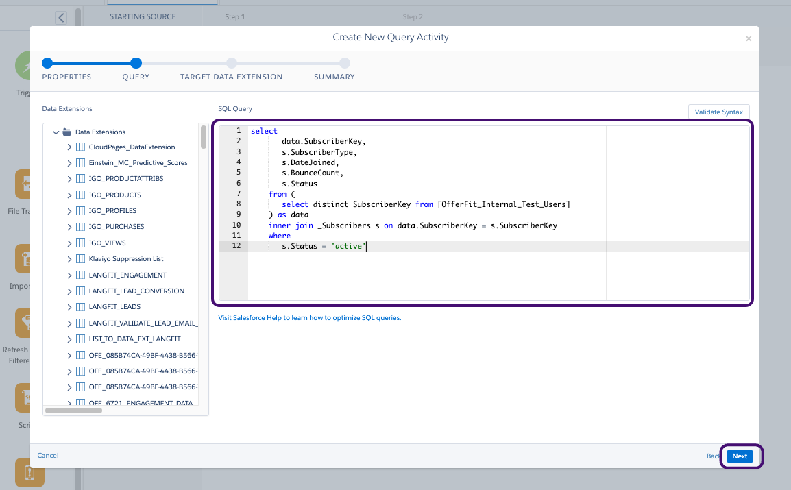 SQL Query セクションのクエリの例。