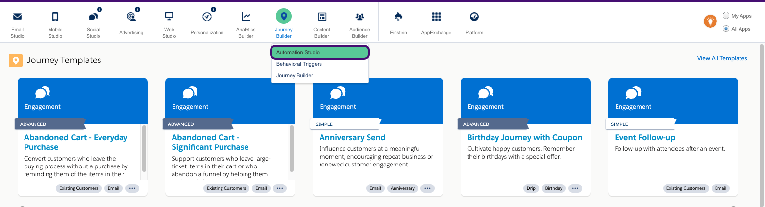 Journey BuilderナビゲーションのAutomation Studioオプション。