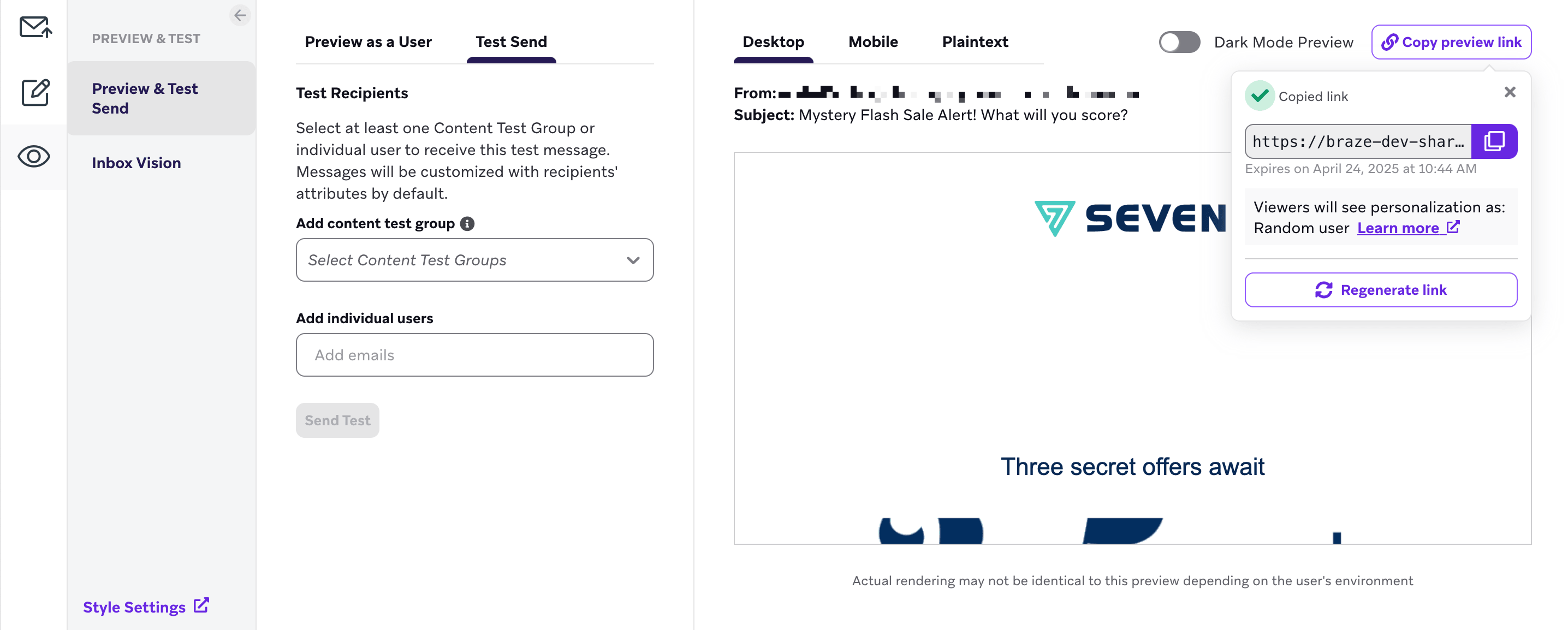 ボタンto "Copy プレビュー link"生成されたリンクをコピーするためのボタン付きの電子メールプレビュー。