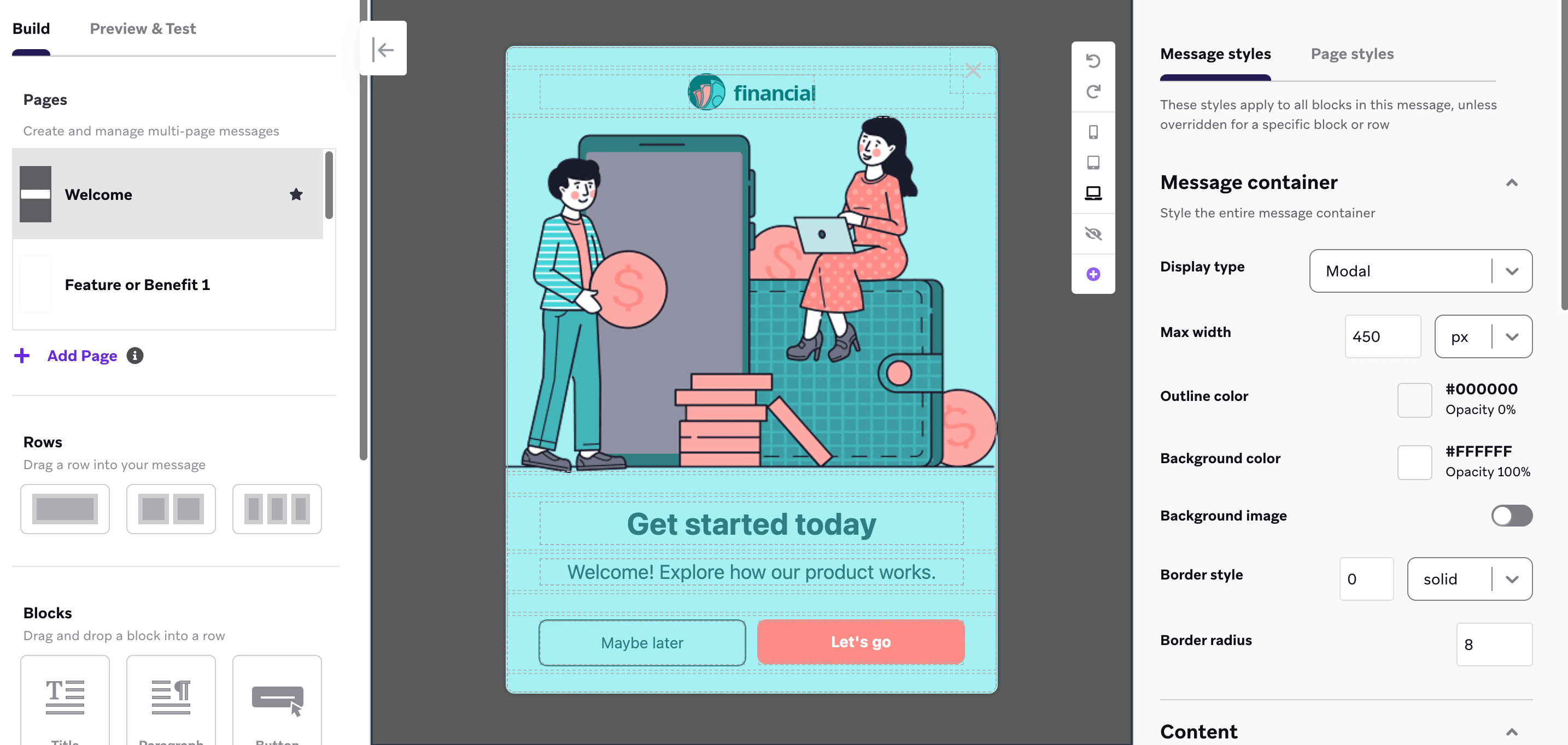 オンボーディングフローテンプレートが表示されたアプリ内メッセージエディター。