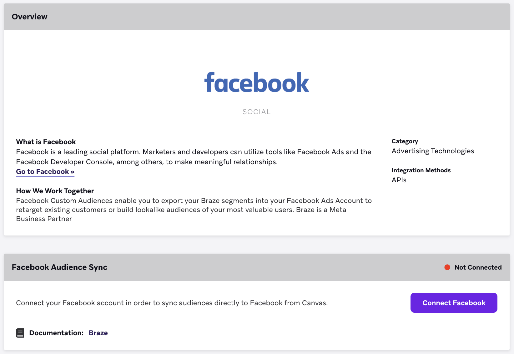 BrazeプラットフォームのFacebookテクノロジーパートナーのページ。