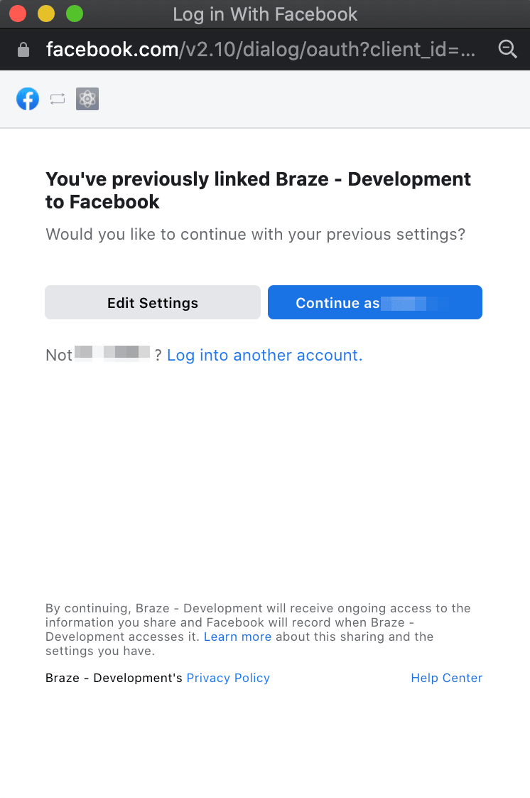 最初の Facebook ダイアログボックス。[Connect as X] (X は Facebook ユーザー名) で接続するように促されます。