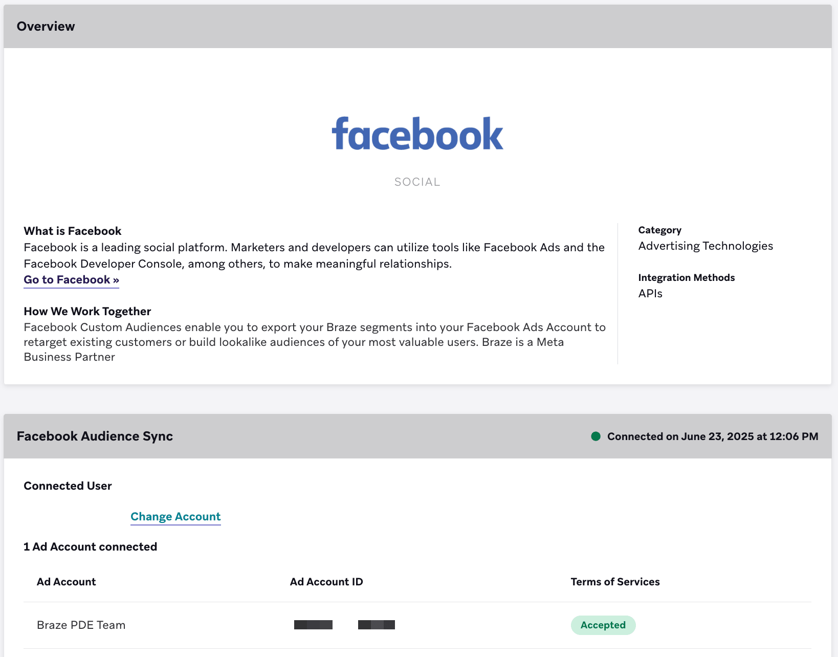 広告アカウントが接続されたことを示す更新後の Facebook テクノロジーパートナーページ。
