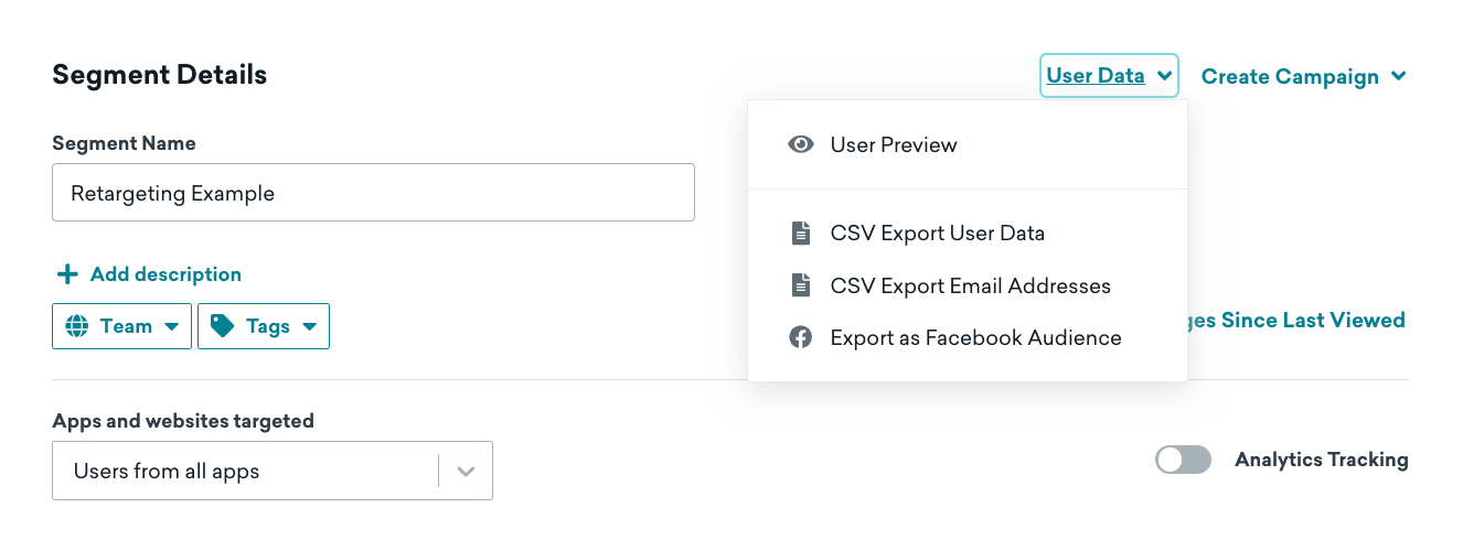 ユーザーデータ」を選択したセグメントの「セグメントの詳細」セクションに、「Facebook オーディエンスとしてエクスポート」を含むオプションのドロップダウンが表示される。