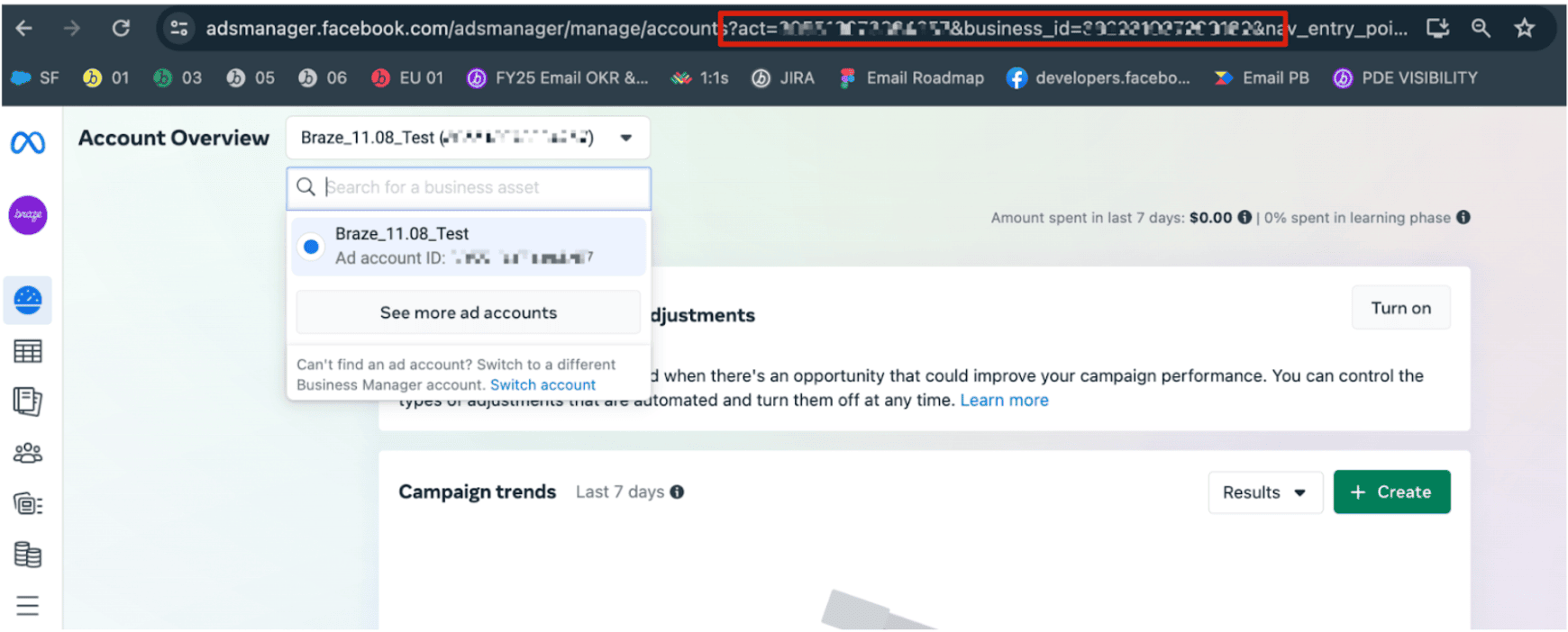 アカウントIDとビジネスIDがハイライトされたURL。