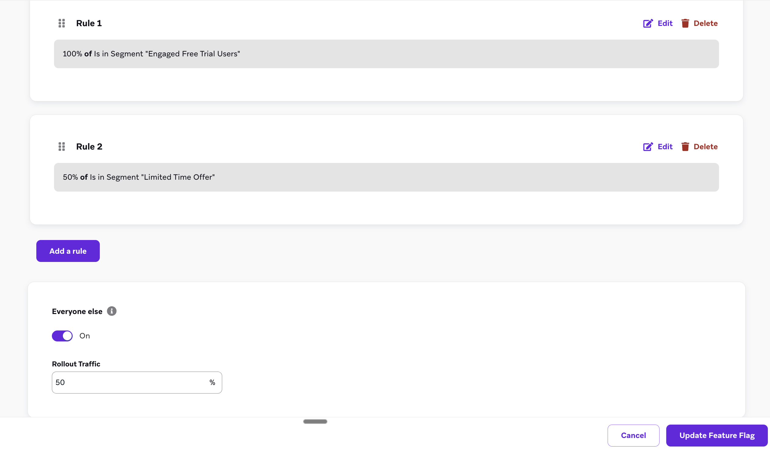 複数のルールが追加され、他のすべてのルールがあるフィーチャーフラグのサマリーを示す"画像。