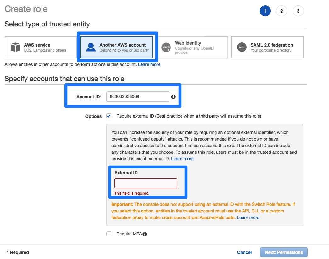 アカウントID」を入力するフィールド、外部IDを要求するチェックボックス、「外部ID」を入力する空白のテキストボックスである。