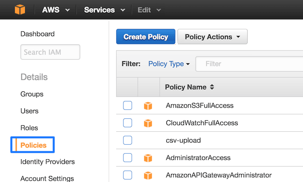 ポリシーの一覧が表示されたAmazon IAMコンソール。
