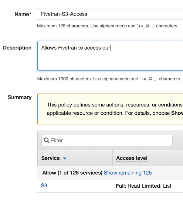 フィールドにポリシーの名前と説明を入力する。