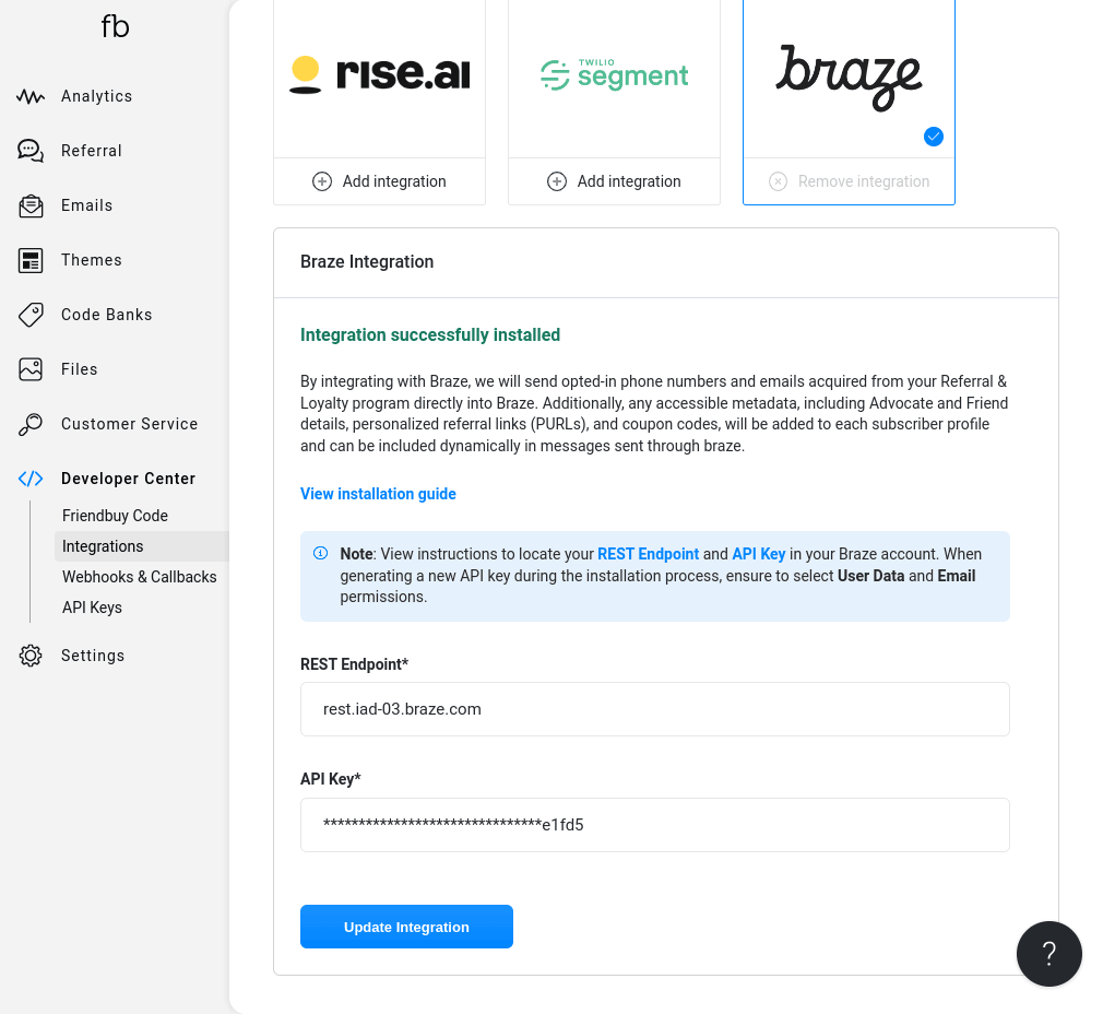 Friendbuy の Braze 統合カード。
