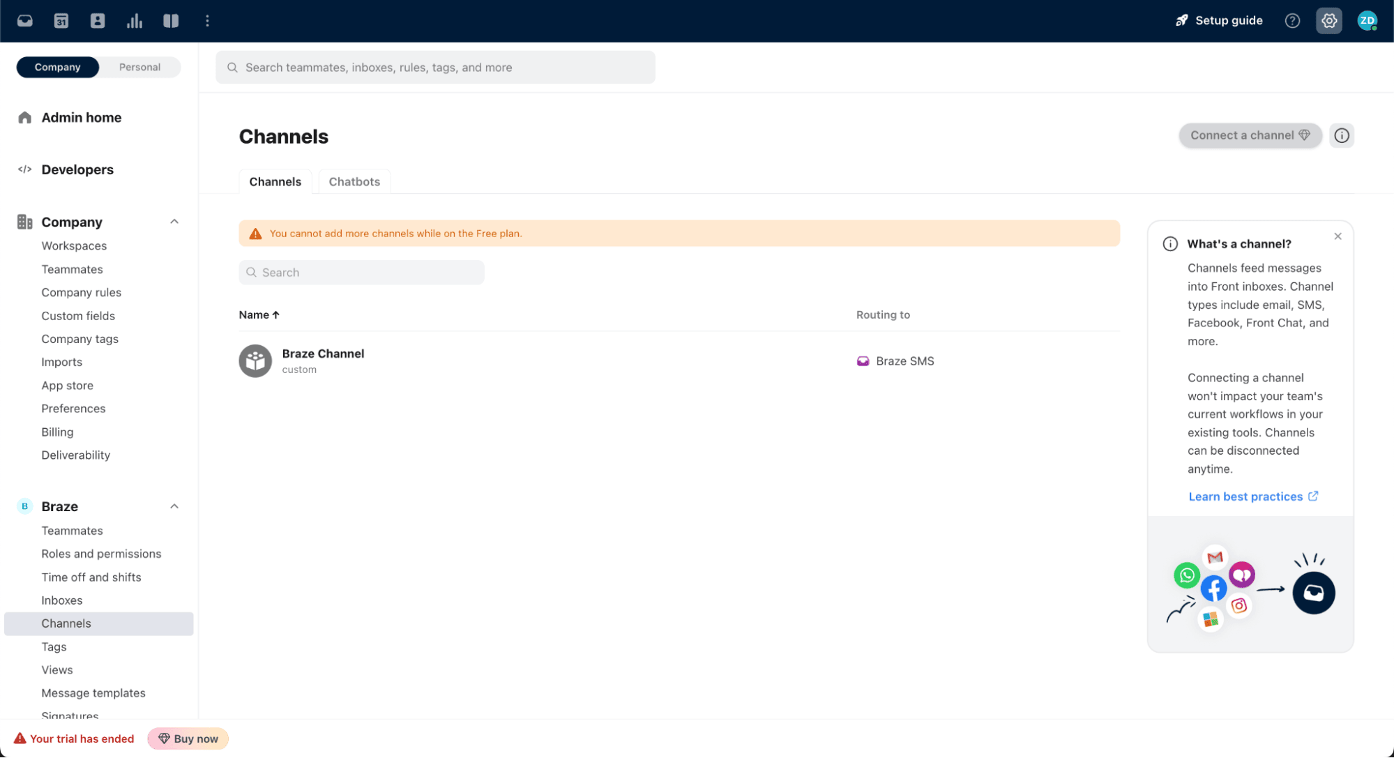 フロントダッシュボードのBraze用カスタムチャネル。