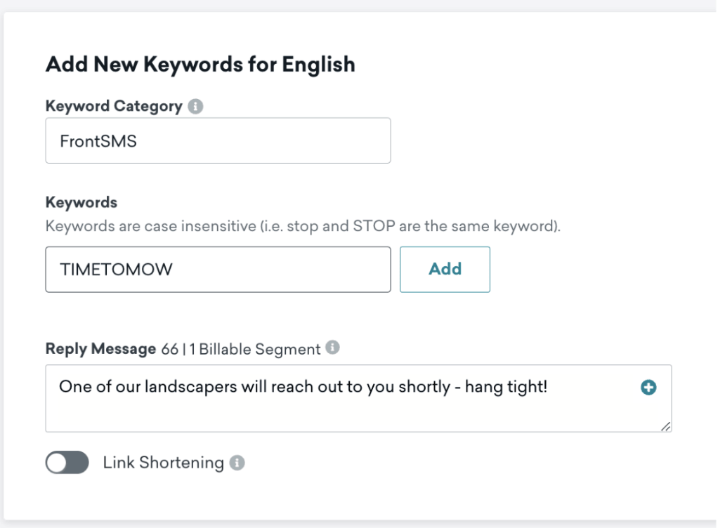 BrazeのSMSキーワードカテゴリーの例。