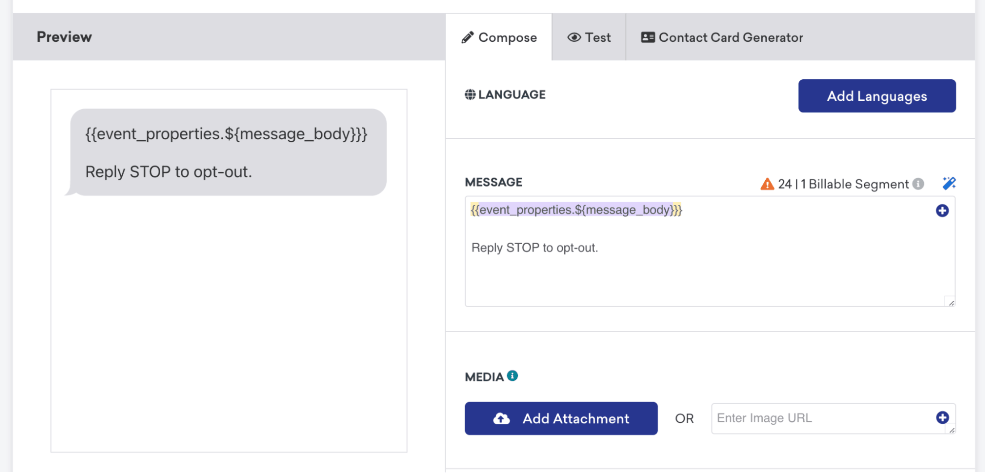 Liquidコードを使ったメッセージの例。