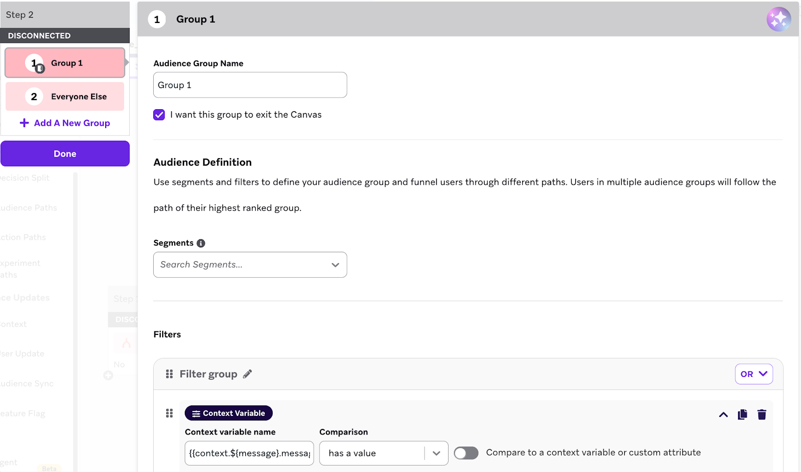 Braze キャンバスコンテキストステップのスクリーンショット。コンテキスト変数`summary_result` が作成され、Fullstoryへのコネクテッドコンテンツコールで入力され、セッションサマリーが取得されている。