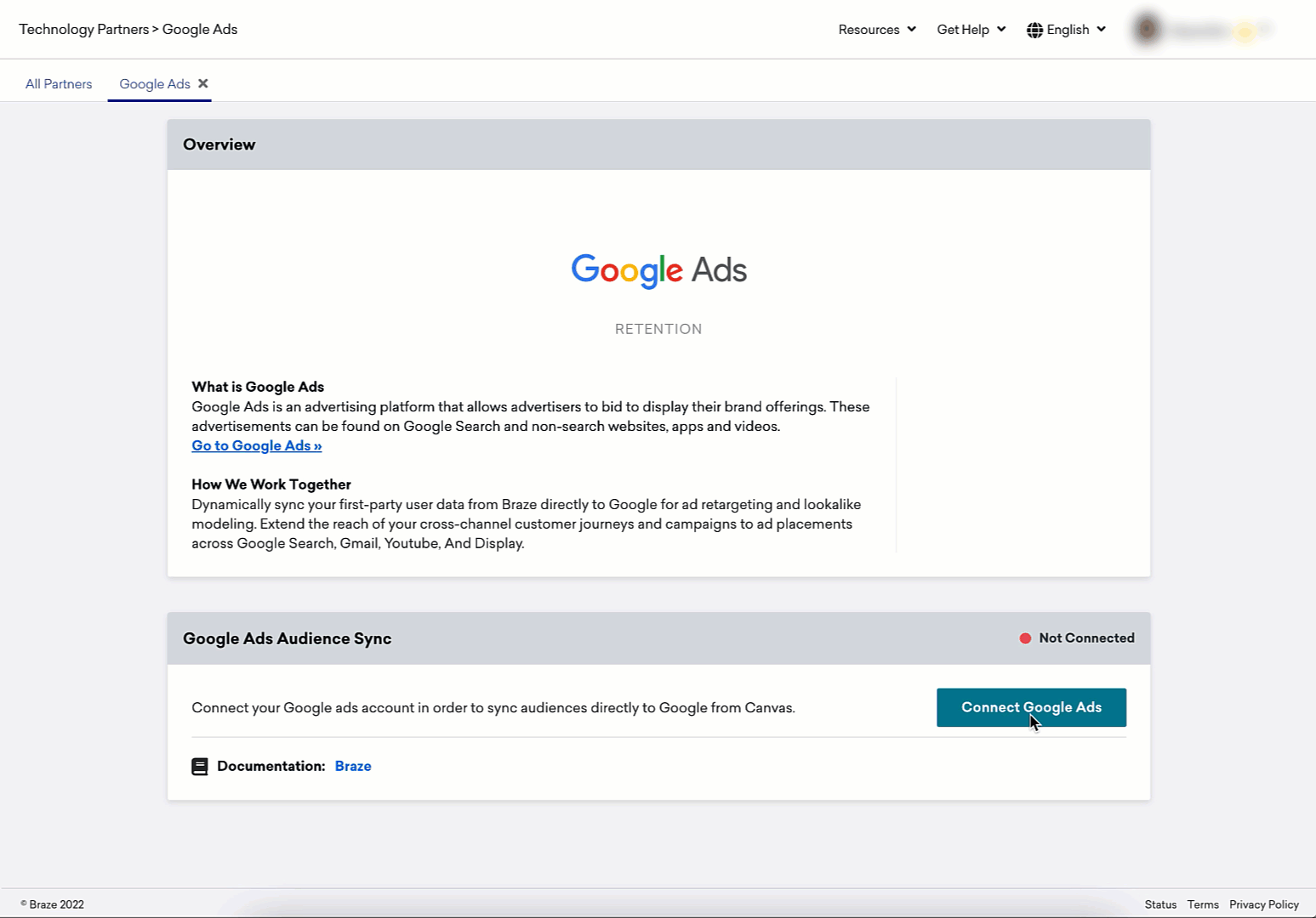BrazeへのGoogle広告アカウント接続が成功した場合のワークフローを示すGIF。