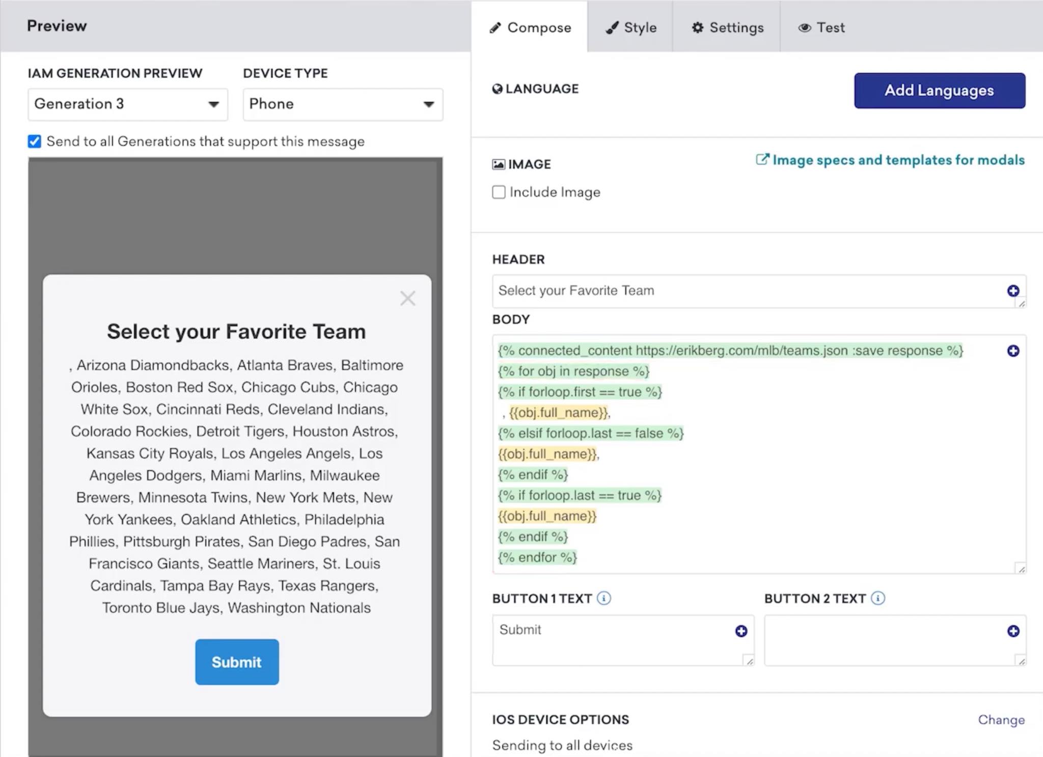in-アプリ メッセージ作成画面には、アプリ内メッセージの外観のプレビューが表示されますが、代わりにBrazeに指定したアイテムの一覧が表示されます。スマートフォンに送信されない限り、Braze UI にはカスタムアプリ内メッセージ UI が表示されないため、プレビューではメッセージがどのように表示されるかを示すものではないので、送信前にテストすることをお勧めします。