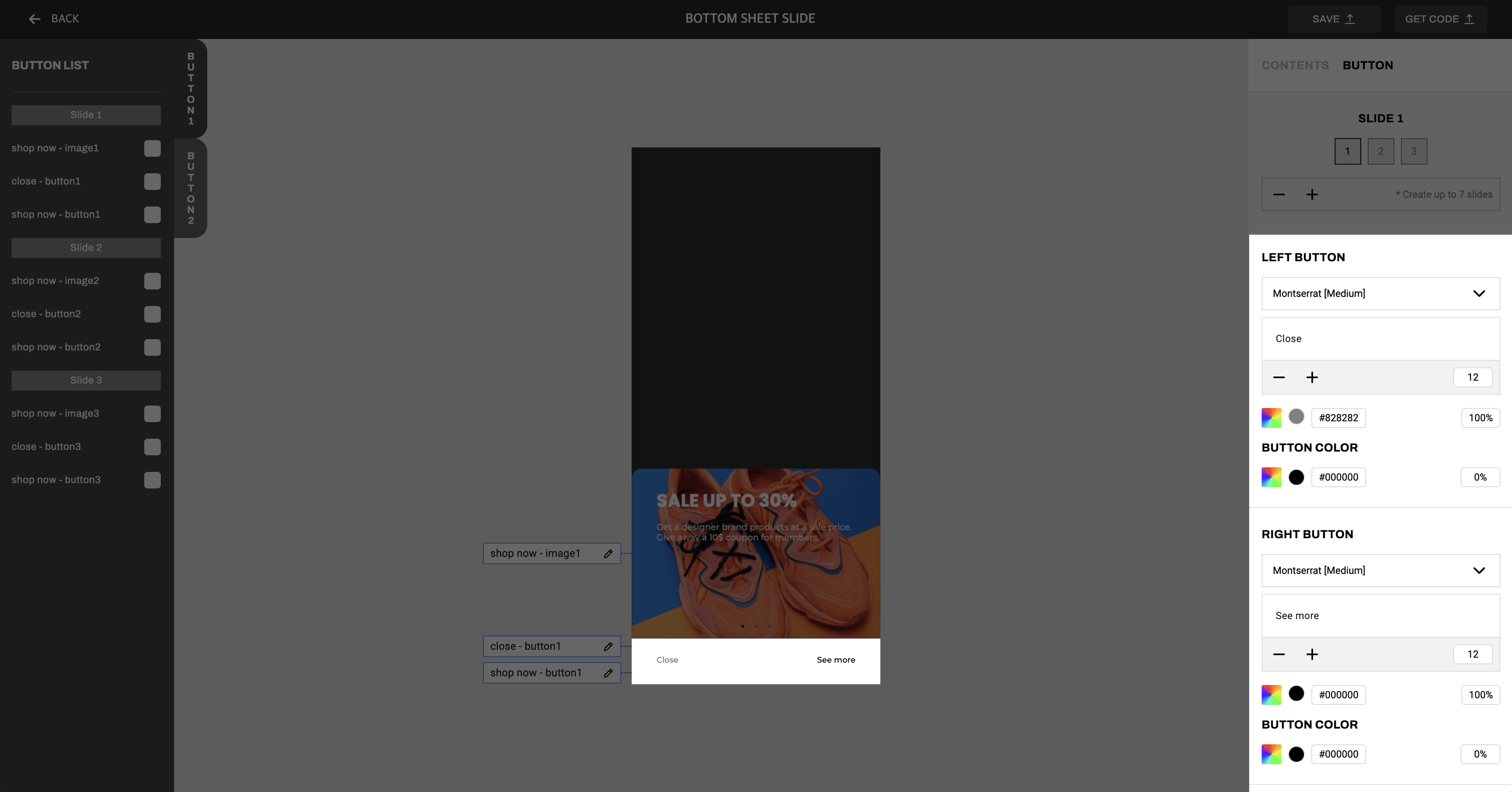 メインの左および右ボタンをカスタマイズするオプションが表示されている IAM Studio の UI。これらのオプションには、カラー、ディープリンク、テキスト、およびフォーマットが含まれます。