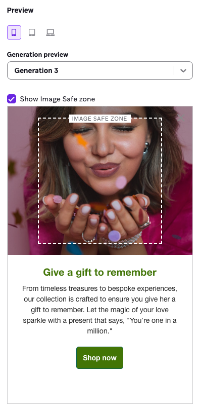 「画像セーフゾーンを表示」を有効にした Braze で、アプリ内メッセージをプレビュー。"画像セーフゾーンは、"画像のどの部分がクロップから安全かを視覚化する"画像上のオーバーレイです。