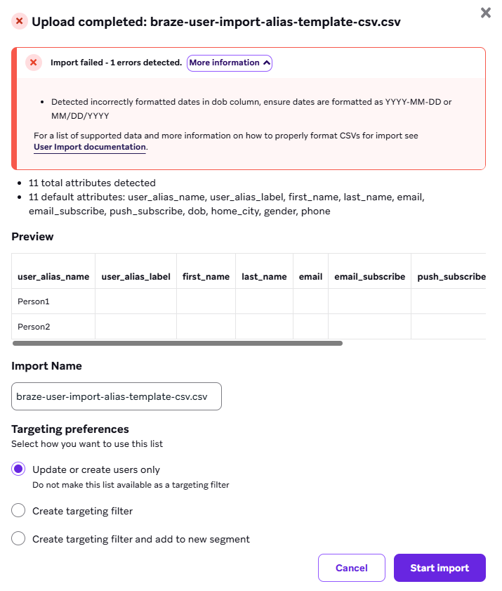 CSV のアップロードが完了しましたが、ある列でデータ型が混在しているエラーが発生しました