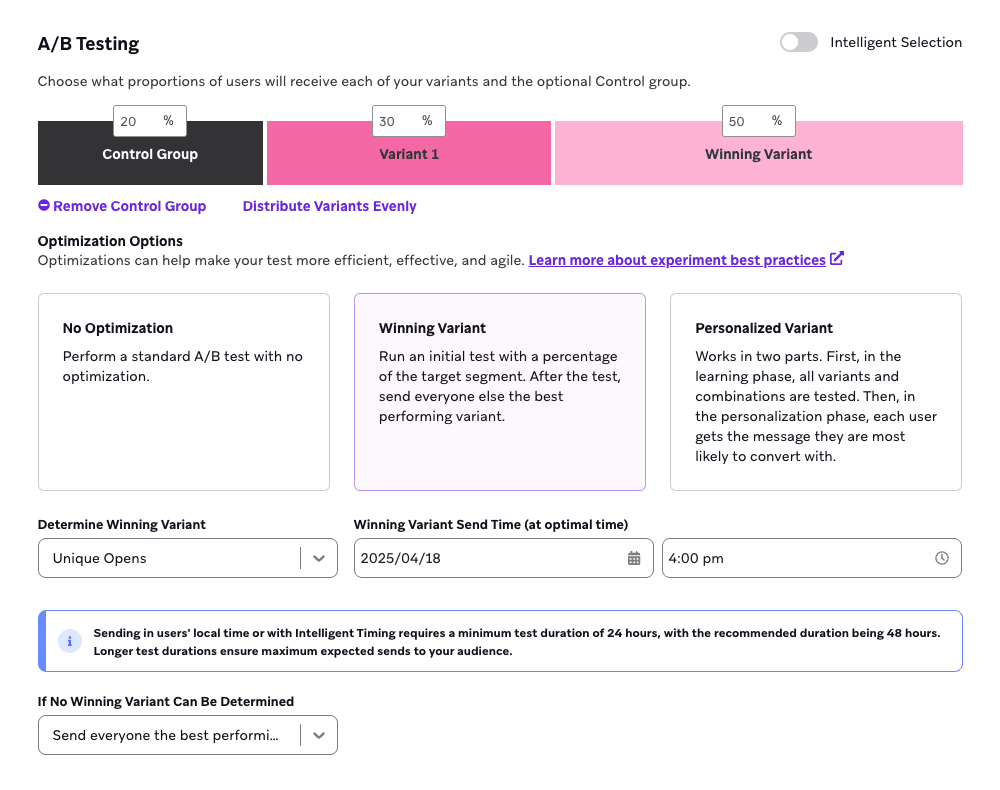 A/Bテストのセクションでは、勝者バリアントが選択され、勝者の条件、送信日、ローカルの送信時間が選択されたA/Bテストが表示されている。