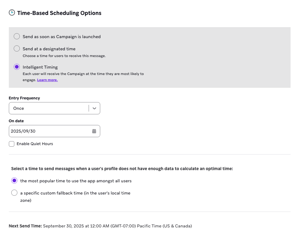 インテリジェントタイミングとフォールバックタイム、クワイエットアワーの設定が表示されたキャンペーンスケジュール設定画面