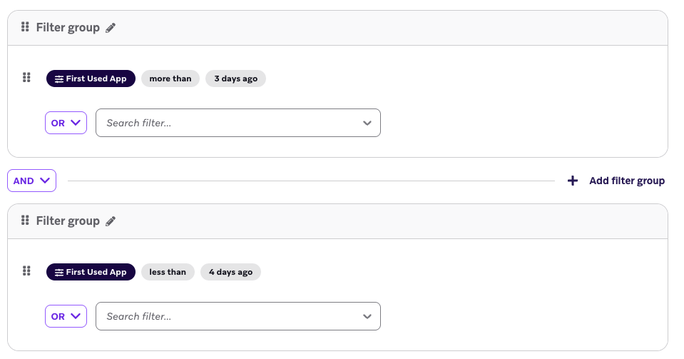 キャンペーンが1～4日前に初めてアプリを使用したユーザーをターゲットとするターゲットオーディエンスのフィルター。