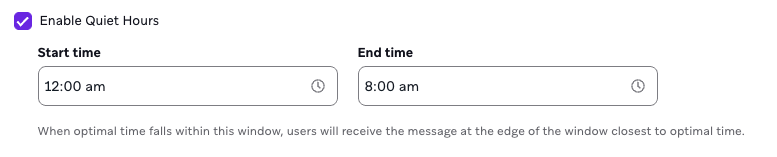 クワイエットアワーのトグルをオンにして、開始時間と終了時間を設定し、夜間のメッセージ配信をブロックする。