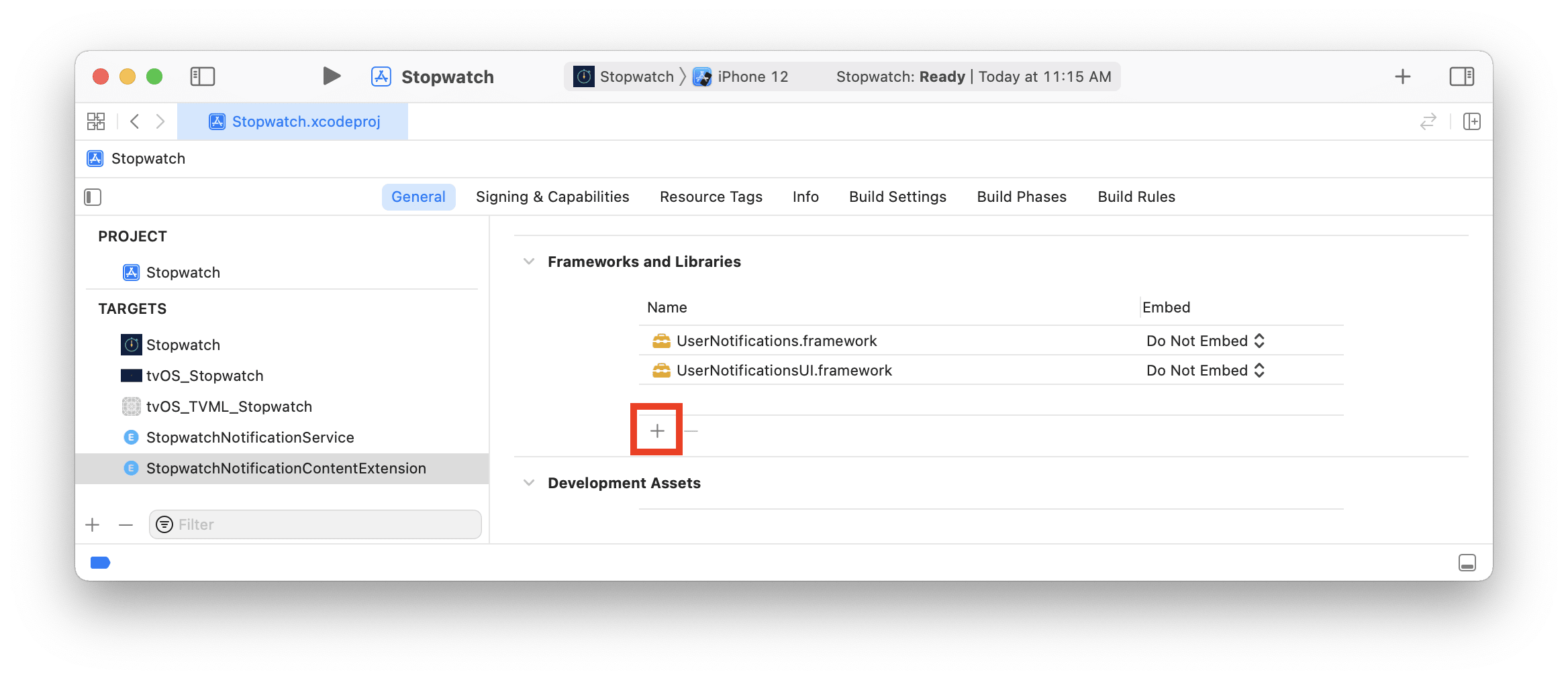 Xcodeのフレームワークとライブラリーの下にある "+"アイコンを選択し、フレームワークを追加する。