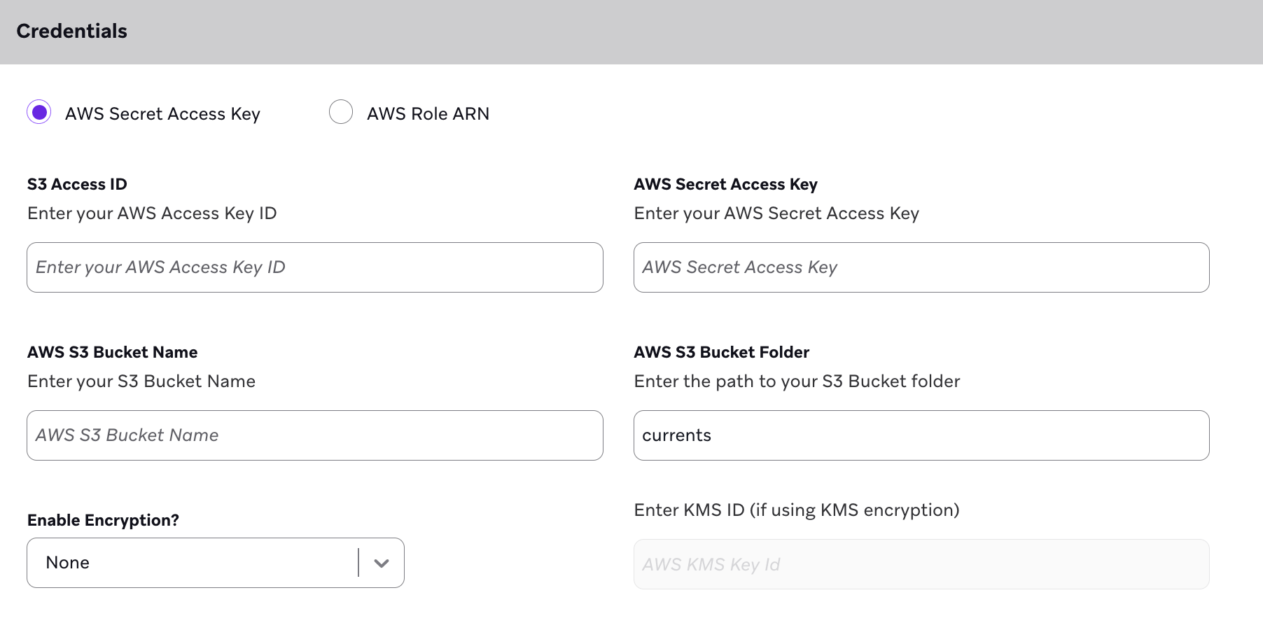 "Credentials"AWSシークレットアクセスキーのセクション。
