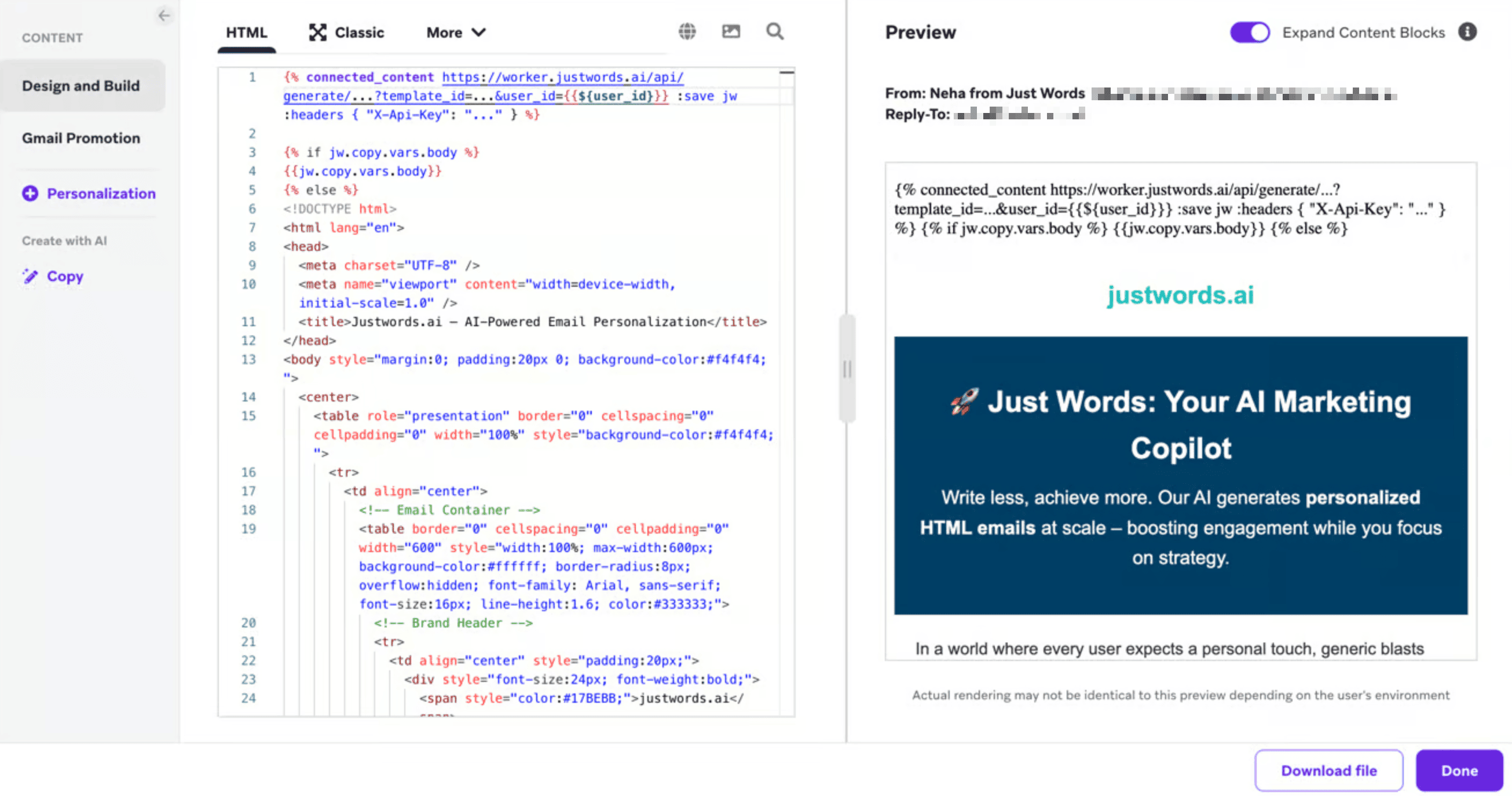 HTML メッセージ作成画面のBrazeリキッドロジック。