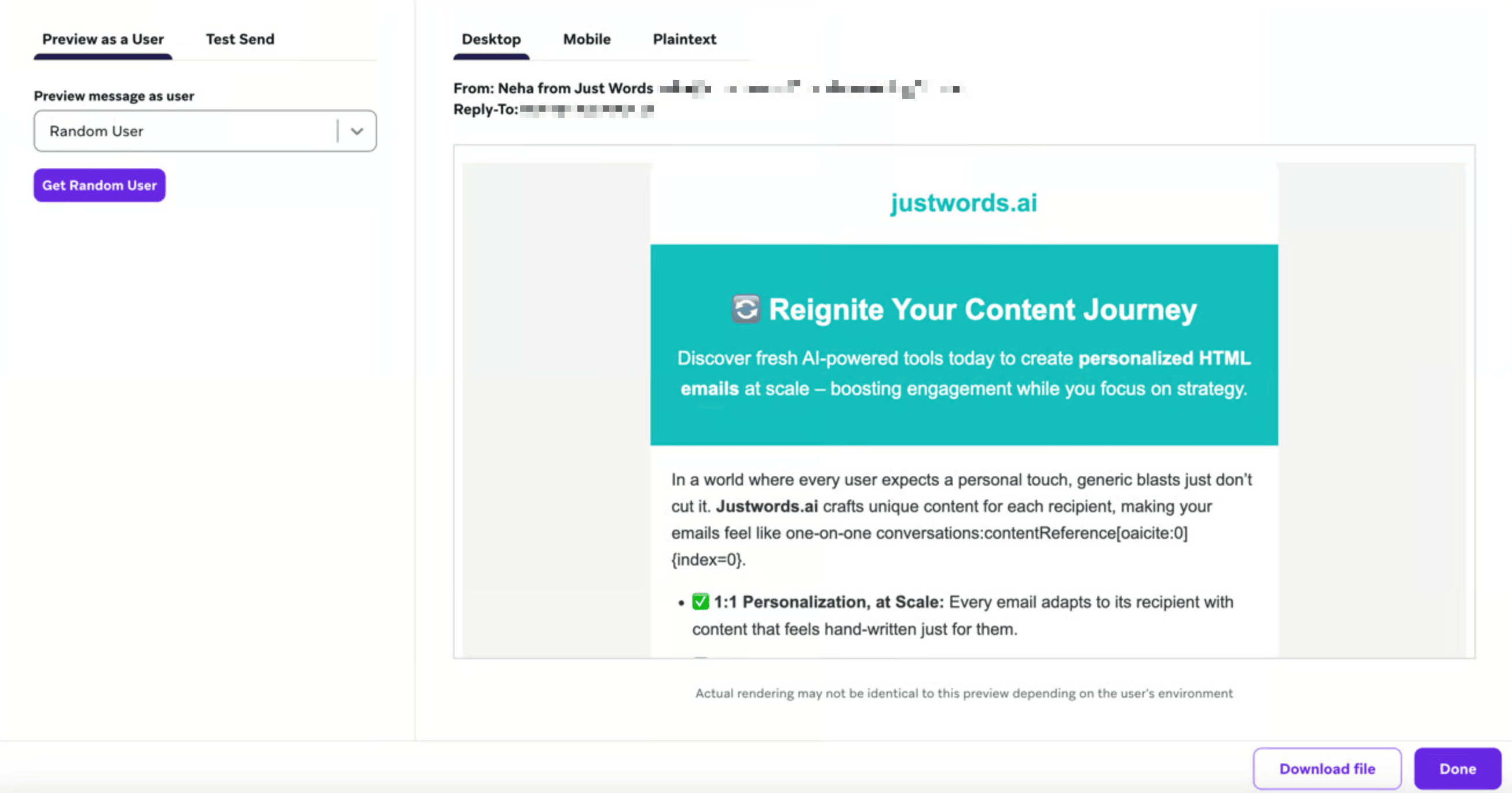 単語のみのメールのBrazeのプレビュー。
