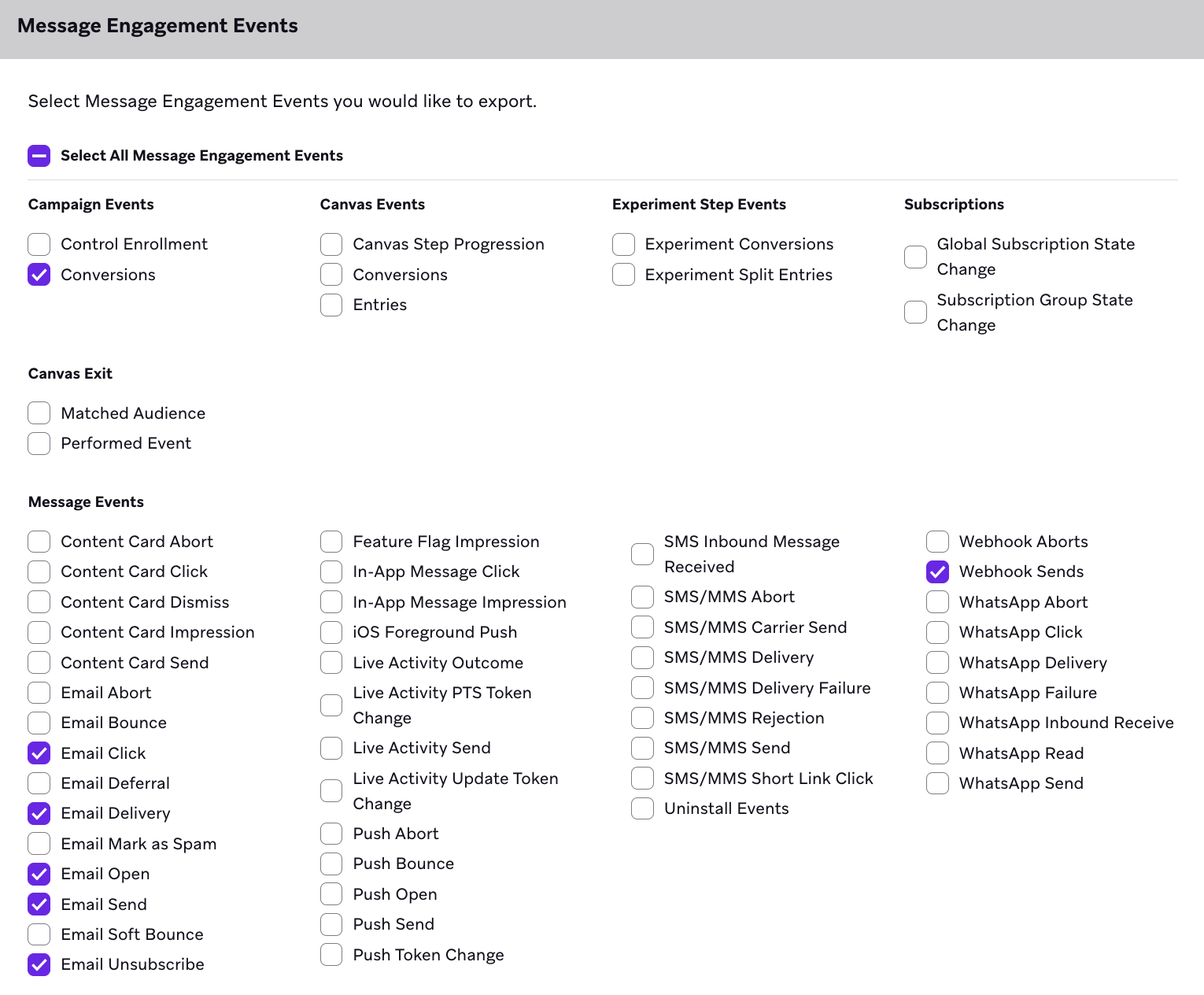 "Message Engagement Events"選択するイベントを含むセクション。
