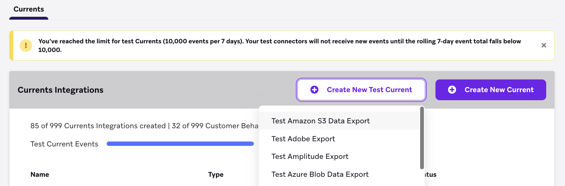 "Create New Test Current" dropdown with " Test Amazon S3 Data Export" のオプション。