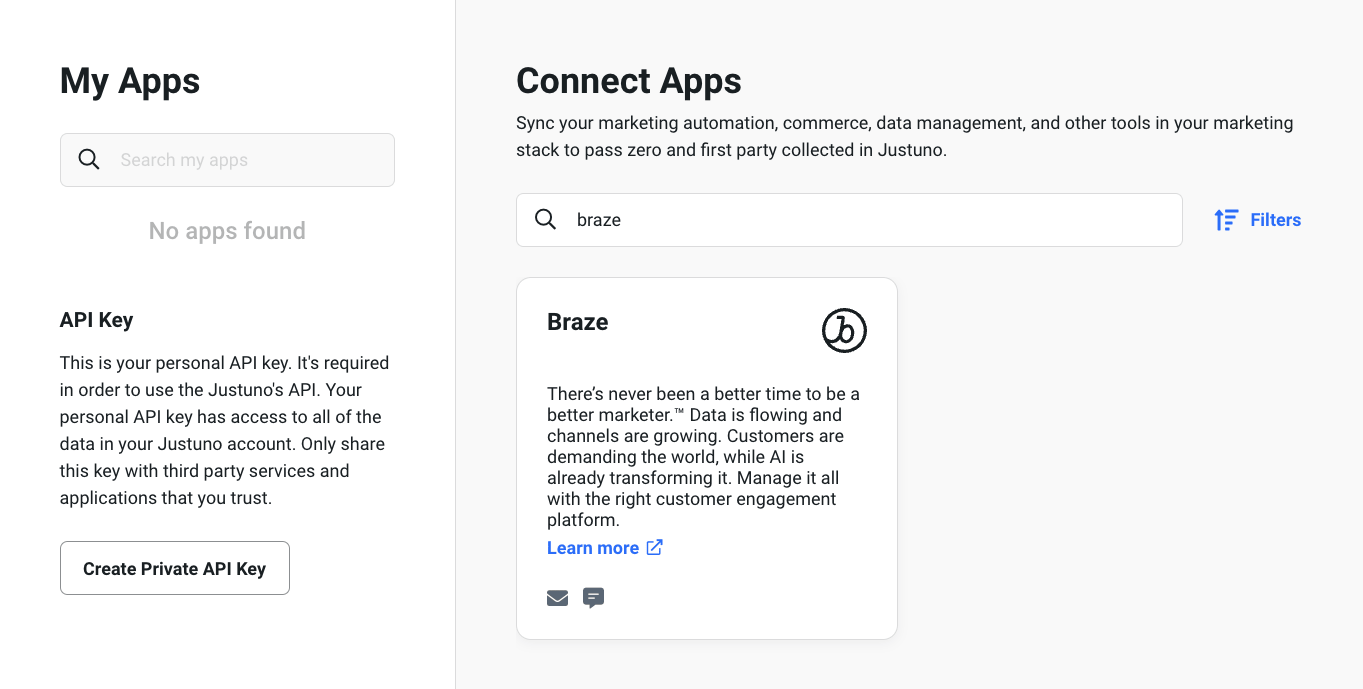 Brazeアプリが検索結果のリストに表示されたJustunoの「Connect Apps」ページ。