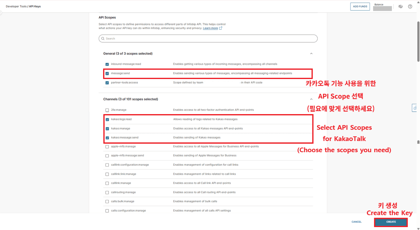 名前、有効期限、APIスコープのフィールドが表示されたInfobip Create API Keyページ。